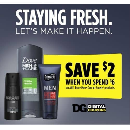 Save $2 on Axe, Dove Men+Care or Suave at DG