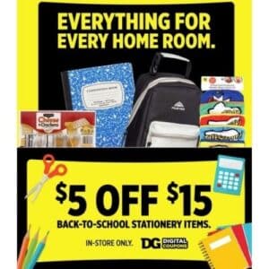 Save $5 off $15 on school supplies